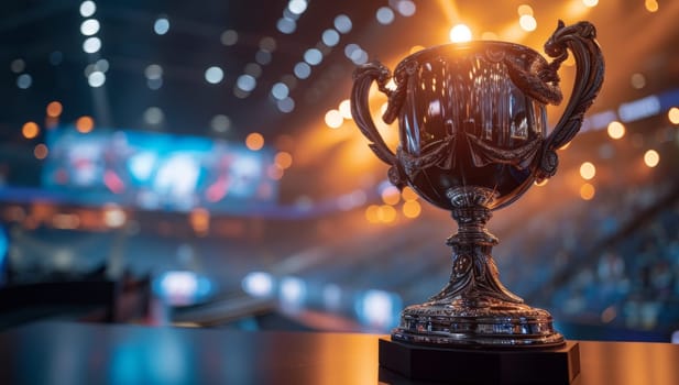 Close up of a silver trophy cup on a table with blurred stadium lights in the background. Concept of winning, achievement, success, and victory.