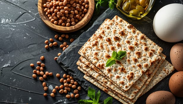 Matzo for Passover celebration with eggs, nuts, and olives on rustic background. Traditional Jewish unleavened bread and ingredients for Seder meal.