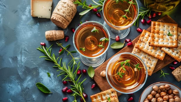 Black tea with pomegranate seeds, herbs and crackers on blue stone background. Top view, copy space.