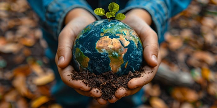 Ecology concept. Earth globe in the hands of a child. Save the planet and Earth day concept