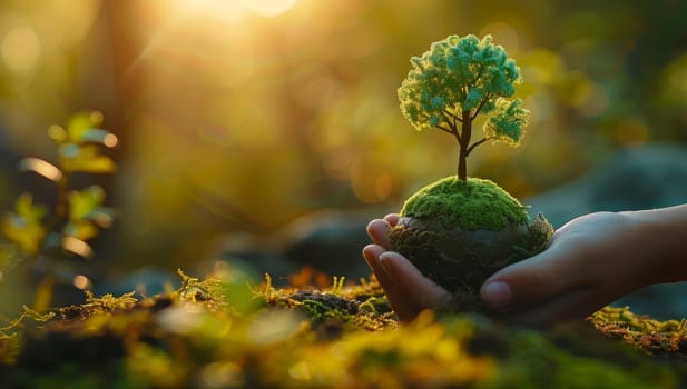 Human hand cradling a miniature tree growing on a moss covered sphere, symbolizing environmental care and reforestation. Concept of nature conservation, Earth Day, and sustainable living.
