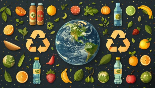 Eco friendly food and recycling concept with Earth surrounded by fresh fruits, vegetables, and reusable bottles. Illustration of sustainable living, waste reduction, and environmental protection.