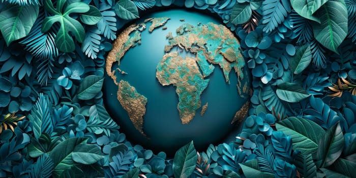 Earth Globe Surrounded by Lush Tropical Leaves Environmental Conservation Concept