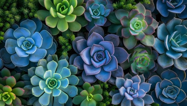 Vibrant Succulent Garden with Blue and Green Rosettes. Colorful Echeveria Succulents in Various Shades of Blue, Purple and Green. Concept of Natures Beauty and Diversity.