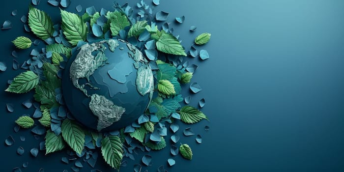 Earth Day concept with green leaves and water droplets surrounding planet Earth. Environmental conservation and eco friendly lifestyle awareness.