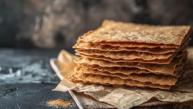 Stack of fresh homemade crispy whole wheat flatbread or lavash on rustic background. Healthy unleavened traditional Middle Eastern or Mediterranean bread.