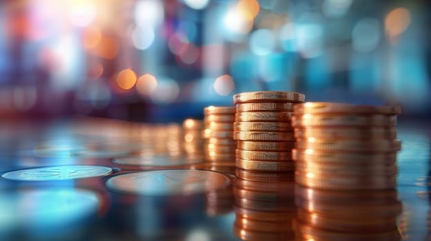 Stacks of coins on reflective surface with city lights bokeh background, depicting financial growth, investment and wealth accumulation concepts.