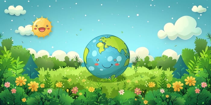 Happy Earth Day illustration of a smiling Earth on a beautiful sunny day with blue skies, surrounded by green grass, trees and flowers. Concept of the environment, sustainability, climate change and world conservation
