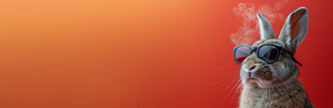 Cool rabbit wearing sunglasses with smoke coming out of its ears on a red background. Funny and quirky banner or background image for pet stores, animal clinics, or veterinary services.