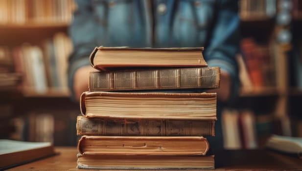 Stack of old vintage books on table in library. Concept of knowledge, education, and literature.