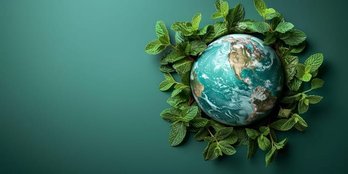Earth globe surrounded by fresh green leaves, environmental conservation concept. Planet Earth nestled in lush foliage, symbolizing eco friendly sustainability and nature protection.