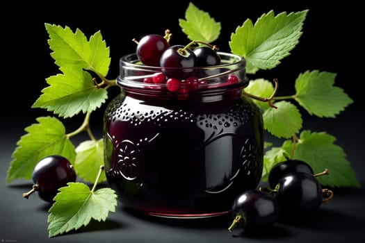 homemade black currant jam in a jar isolated on black background .