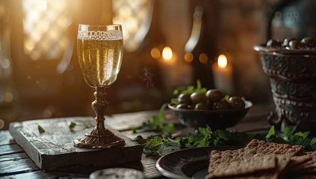 Elegant table setting with wine glass, candles, and rustic bread for cozy dinner. Romantic candlelight dinner concept with fresh herbs and vintage tableware.