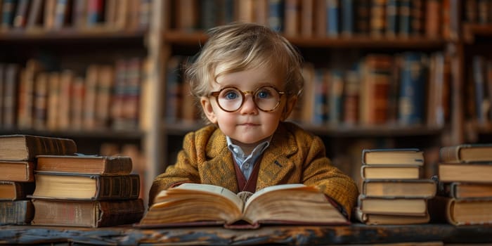 Cute young boy in glasses reading books surrounded by stacks of books in library. Concept of early childhood education, love for reading, and intellectual development.
