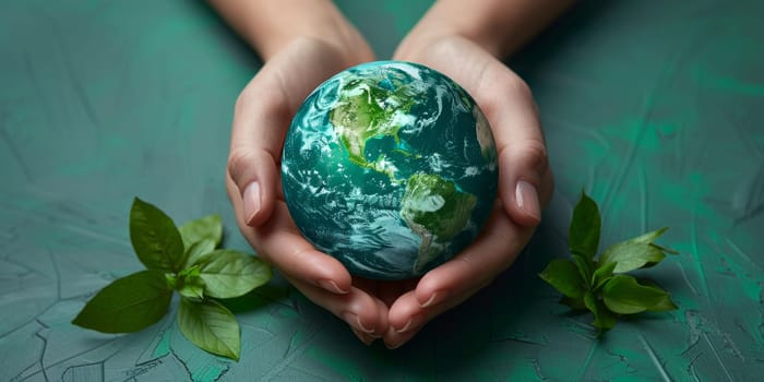 Hands holding green planet Earth with leaves, environmental conservation concept. Protecting nature and ecology on cracked ground.