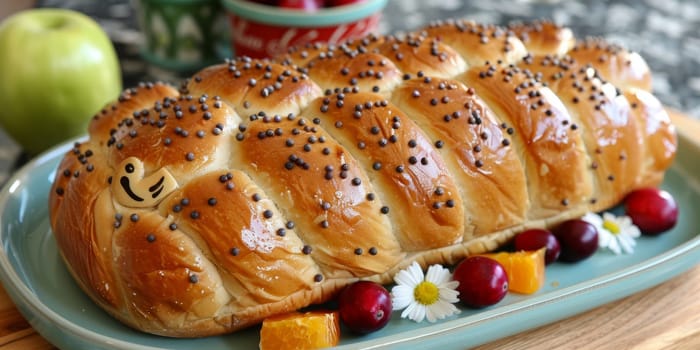 Freshly Baked Braided Bread Loaf with Fruits and Flowers