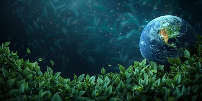 Planet Earth in cosmic space surrounded by lush green foliage. Concept of environmental conservation, sustainable living, and harmony between nature and the universe.