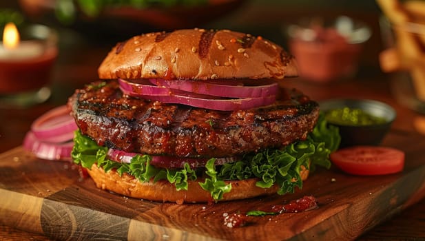 Close up of a delicious hamburger on a cutting board, with lettuce, tomato, onion, and cheese. The burger is made with grilled beef and is served on a sesame seed bun.