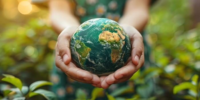 Close up of female hands holding Earth globe in nature background. World Environment Day concept.