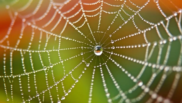 Intricate spider web with dew drops glistening in morning light. Delicate geometric pattern of silky threads woven by arachnid. Concept of natures artistry and insect architecture.
