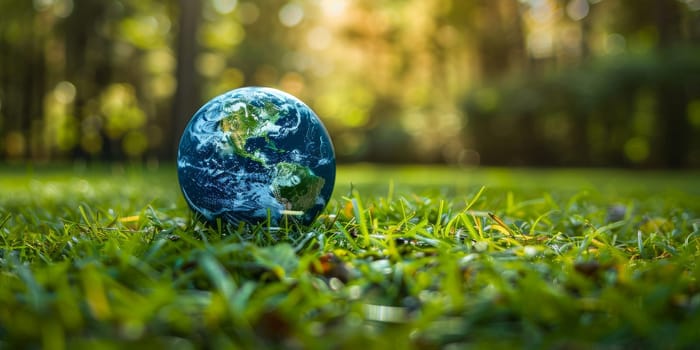 Globe on Green Grass with Bokeh Background. Save the World Concept. Environmental Conservation and Ecology Awareness.