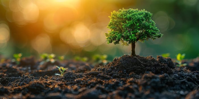 Vibrant tree seedling sprouting from fertile soil, symbolizing growth and environmental renewal. Conceptual nature scene of new life emerging from the earth.