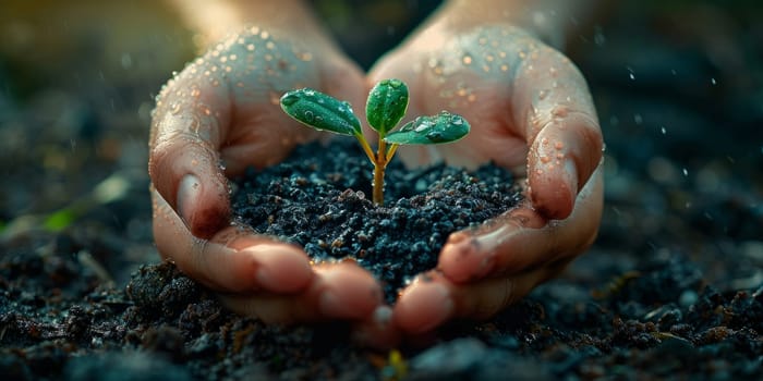 Human hands holding a small green seedling growing in soil. Ecology concept
