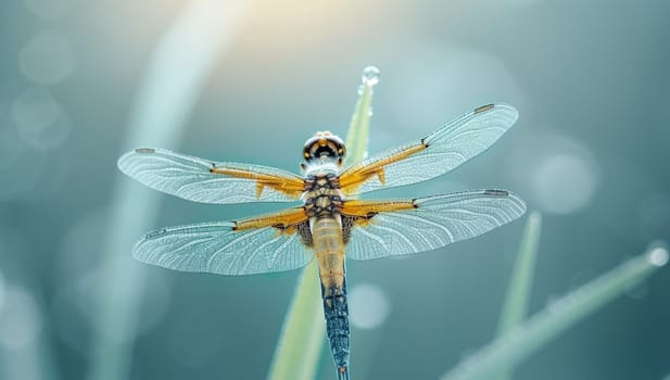Macro photograph of a vibrant dragonfly perched on a plant stem with blurred background. Delicate wings, intricate details, and natural beauty captured in vivid colors.