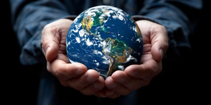 Hands holding planet Earth representing environmental protection and global responsibility. Concept of sustainability, eco consciousness and caring for the world.