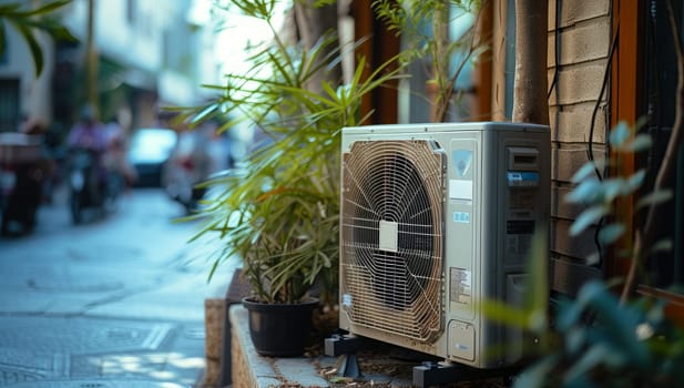 Old air conditioning unit in urban alleyway surrounded by plants. Concept of environmental impact, energy efficiency, and city living.