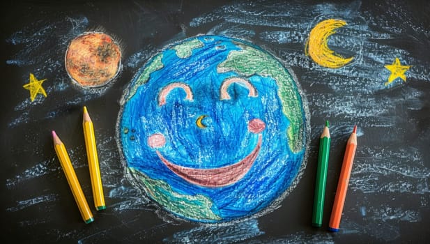 Childs colorful drawing of a smiling planet Earth with moon, stars, and colored pencils on blackboard. Concept of creativity, imagination, and environmental awareness.