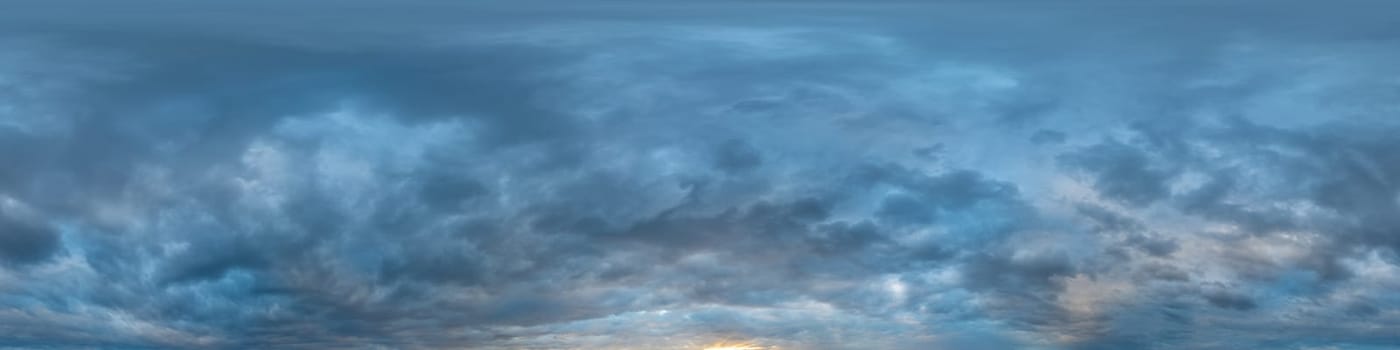 Dramatic overcast sky panorama with dark gloomy Cumulonimbus clouds. HDR 360 seamless spherical panorama. Sky dome in 3D, sky replacement for aerial drone panoramas. Weather and climate change