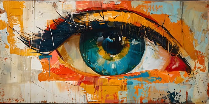 A vibrant painting of a womans blue eye with a striking orange iris, beautiful eyelashes, and perfectly arched eyebrow. A masterpiece capturing the essence of vision care and art paint