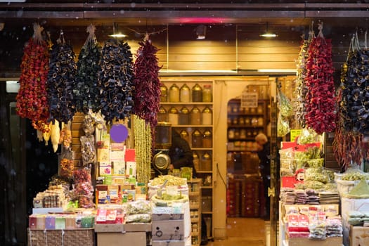 Dried marzipan hangs in a shop located on traditional Turkish streets.