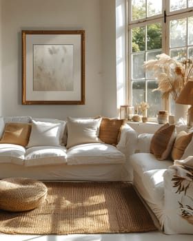 Interior design of a living room with a cozy couch, soft rug, and large window allowing natural light to fill the room. Hardwood floor adds warmth and elegance to the space