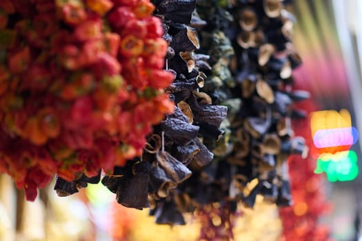 Dried marzipan hangs in a shop located on traditional Turkish streets.