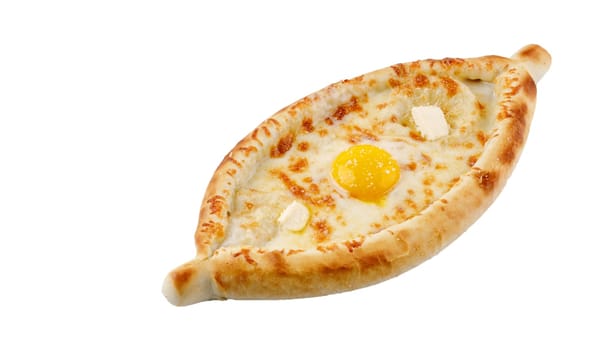 homemade adjaruli khachapuri ( A boat-shaped traditional cheese bread from the Adjara region of Georgia ) isolated on white background 1