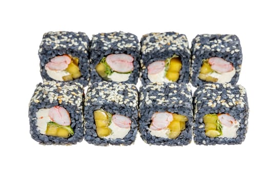 rolls with black rice, shrimp and avocado on a white background and isolate 1