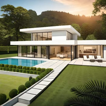 Creative 3d rendering of modern  house Picture is AI-generated illustration.