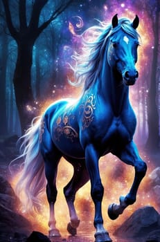 Horse in fantasy forest. Fantasy illustration of a beautiful horses. AI Generated.