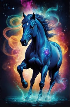 Black horse with a blue mane on the background of cosmic space. AI Generated.