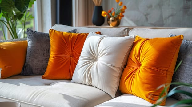 Sofa with orange pillows close-up in the living room.