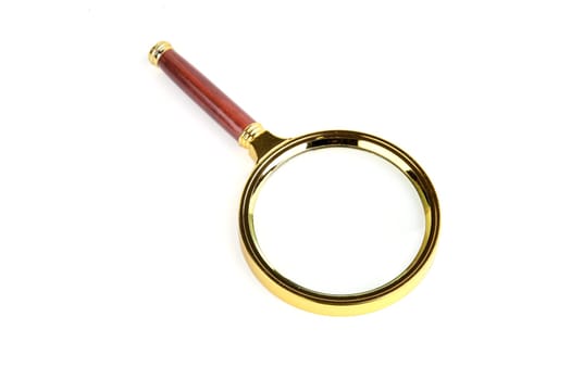 Magnifying glass with wooden handle, insulated on white.