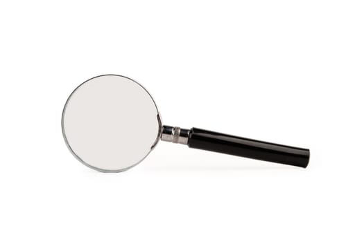 Magnifying glass with black handle, insulated on white.