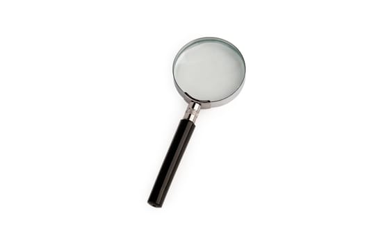 A magnifying glass with a black handle lying on a white background