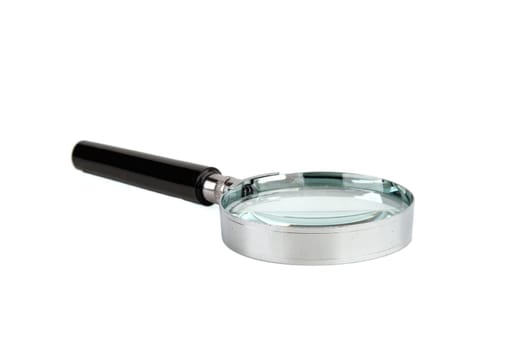 A magnifying glass with a black handle, lying on a white background