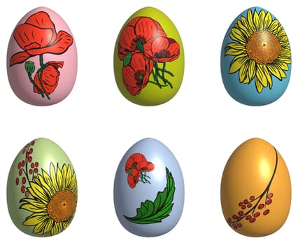 Colored eggs with floral print on isolated background, 3D rendering illustration
