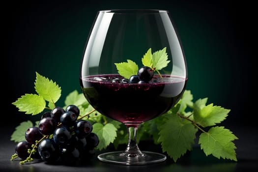 black currant liqueur, wine in a glass isolated on a green background .