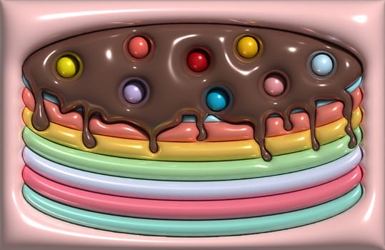 Cake with multi-colored layers with melting chocolate on a pink background, 3D rendering illustration