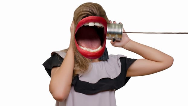 Contemporary art collage. Composition with young woman headed of female mouth on tin can phone listening to curious good news